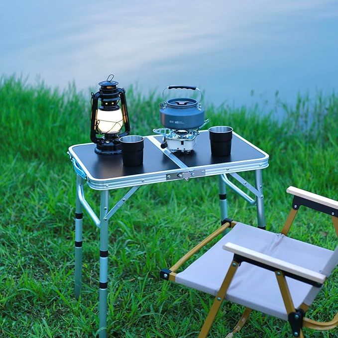 YUFIFAIRY Small Folding Table 2 Foot, Portable Camping Table with Mesh Holders,Lightweight Aluminum Adjustable Height, with Carry Handle for Camping Picnic Indoor Outdoor, White 24 x 16 inch (Black