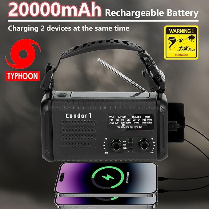 Emergency Weather Radio (Condor 1) NOAA/AM/FM with 74000mWh Portable Radio, USB-C/Solar/Hand Crank Charging, SOS Alarm, Flashlight, Reading Lamp & Survival Handle Kit for Indoor/Outdoor Emergency