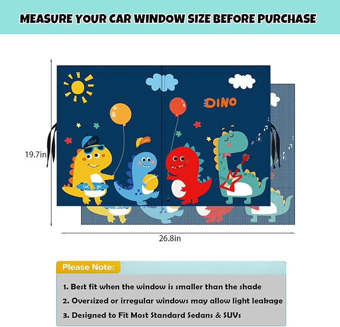 Car Window Shade for Baby, 2 Pack Magnetic Double Layer Sun Shade with Cute Dinosaur Design, Adjustable Privacy Blackout/See-Through Window Curtains, UV Protection, Fits Most Cars SUV Minivan