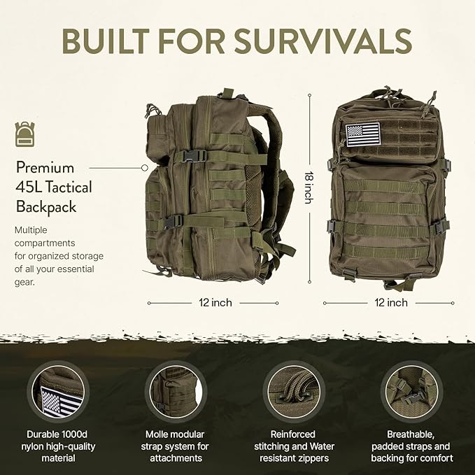 TacPreps 72-Hour Survival Kit | Emergency Bug Out Bag with First Aid, Water Filter, Food, Tools | 45L Tactical Backpack for Camping, Hiking, Outdoor Emergency Preparedness