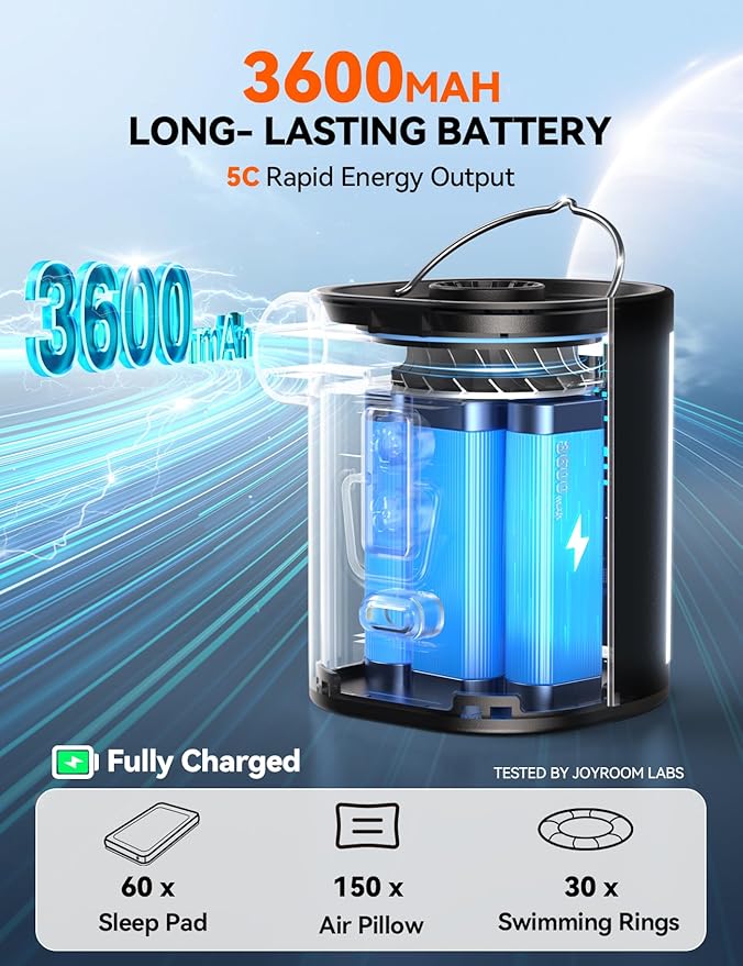 JOYROOM Air Pump for Inflatables, 3600 mAh Battery & Camping Light Portable Air Pump, 4.8kPa Ultra-Fast and Mini Electric Air Mattress Pump