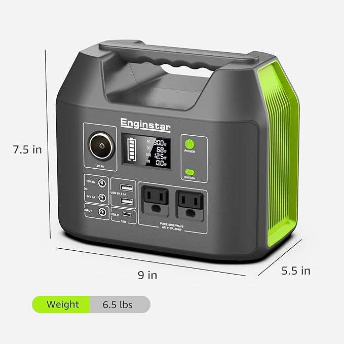 EnginStar Solar Generator, 300W Portable Power Station, 296Wh Lithium Battery Backup w/Two 110V Pure Sine Wave AC Outlet for Camping Road Trip RV, 80000mAh Sufficient Power Supply for Blackout