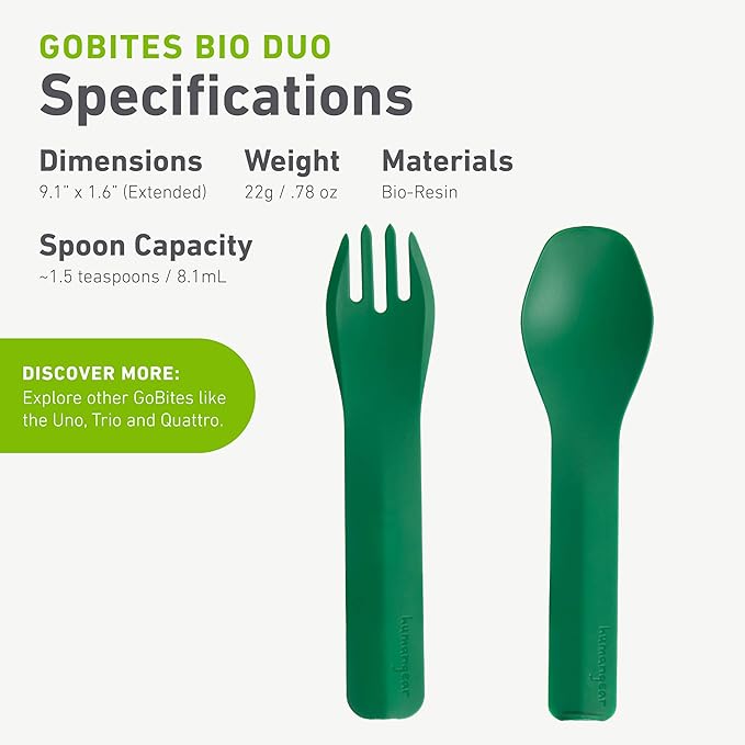 humangear GoBites Duo - Travel Silverware, Full Size Portable Fork & Spoon, Reusable Utensil Set, PC and BPA-free, Food-Safe, ﻿Extended - 9.1” X 1.6”