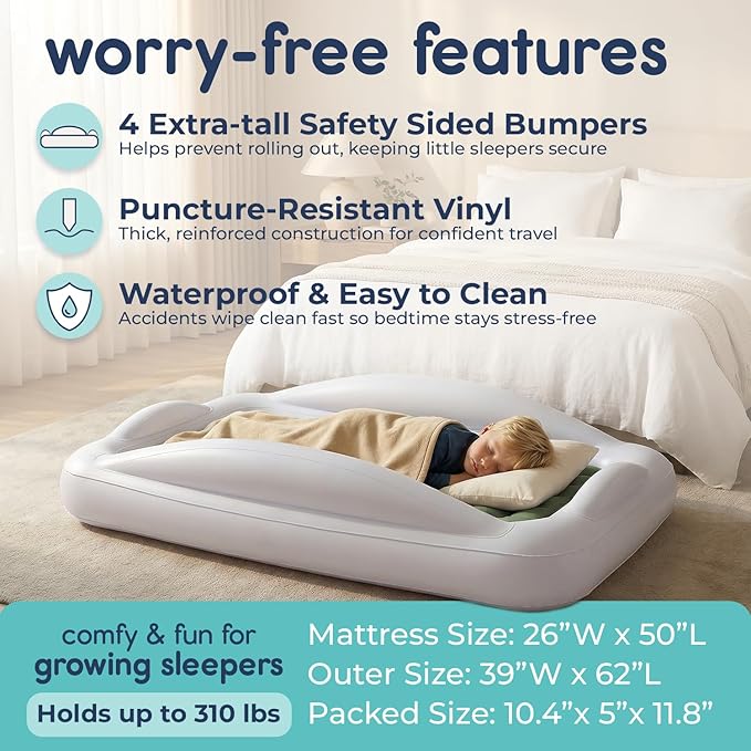 Hiccapop Inflatable Toddler Travel Bed with Safety Bumpers [4-Sided], Portable Toddler Bed for Kids, Toddler Air Mattress, Kids Air Mattress - Sage Green