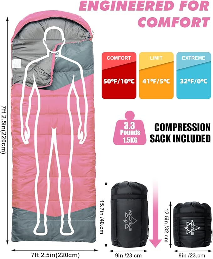 Lightweight 3-Season Sleeping Bag for Adults/Kids Camping, Compact w/Compression Sack, Waterproof Ripstop, Portable for Backpacking Hiking Travel