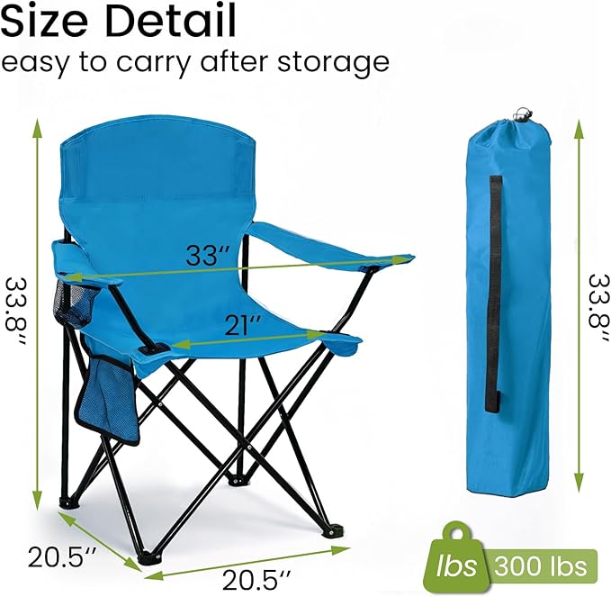 2 Pack Folding Camping Chair with Cup Holder & Side Storage Bag 300lbs Capacity Lightweight High Back Portable for Beach, Picnic, Sport, Blue