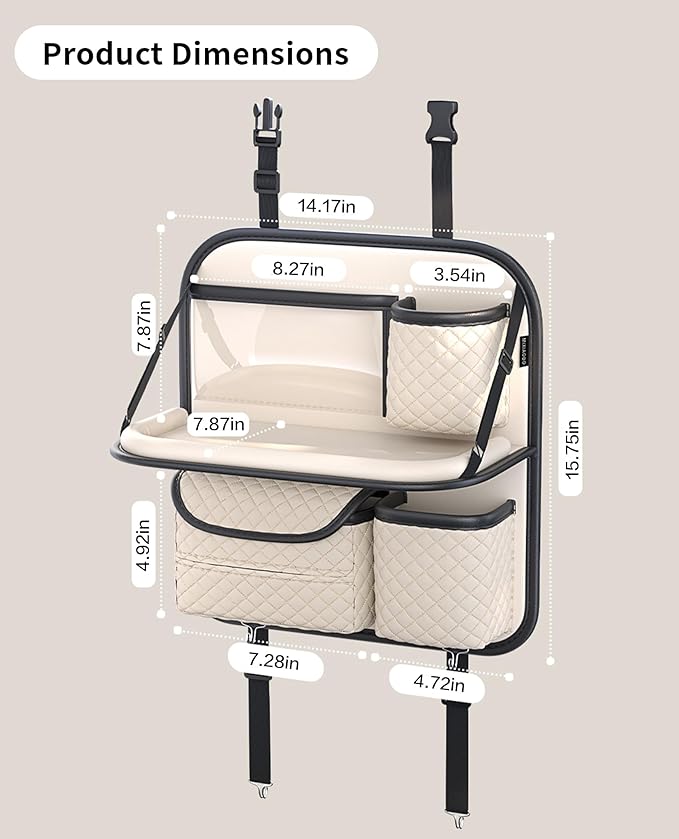 Leather Backseat Car Organizer with Tray & Cup Holder - Car Seat Organizer for Kids, Women, Road Trip Essentials for SUVs, Trucks and Cars (Beige)