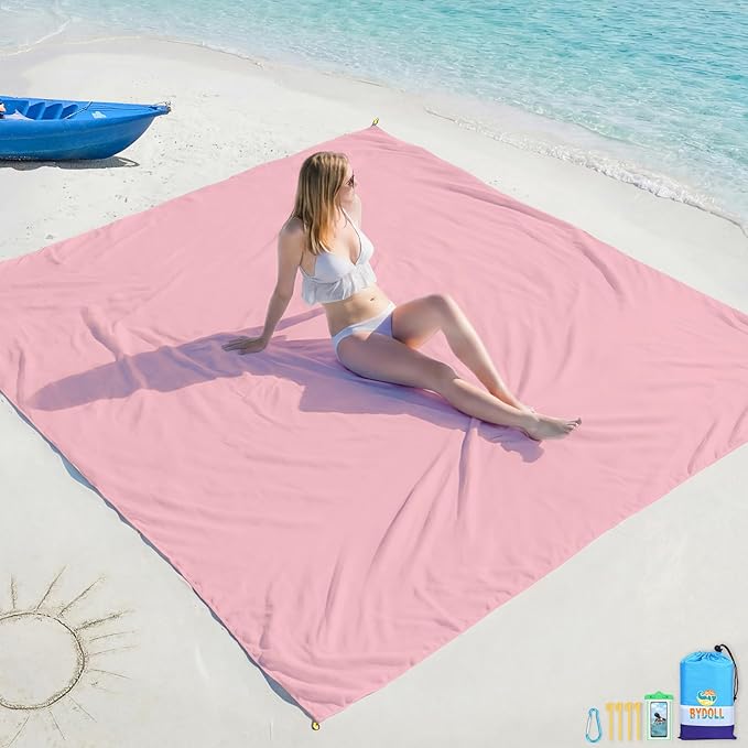 BYDOLL Beach Blanket Waterproof Sandproof Large Sand Free, 78''X110'' Oversized Sandless Lightweight Blanket Picnic Mat for Beach Travel Camping Hiking with Stakes