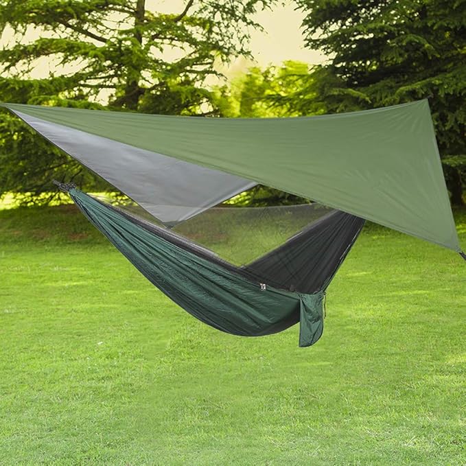 Camping Hammock, Double & Single Portable Hammock with Tree Straps, Lightweight Nylon Hammock Swing Set with Net and Rain Fly Tarp and Pocket for Backpacking Hiking Travel Outdoor(Green+Green)