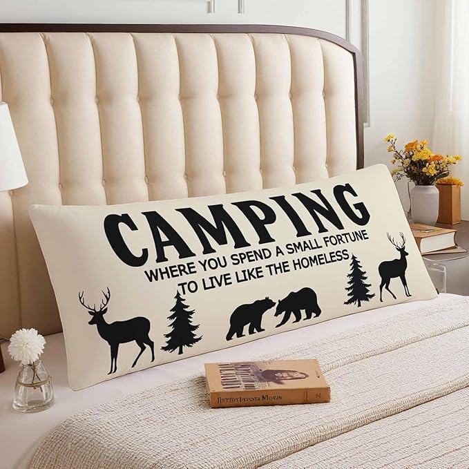 Funny Camping Body Pillow Cover Bear Deer Pine Trees Decorative Body Pillow Covers Long Pillow Cushion Case Zipper Body Pillowcase Soft Cushion Cover for Bedding,Couch,Home 20"X54"