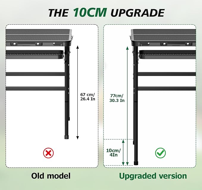Folding Grill Table 30.3" Height Adjustable, Outdoor Camping Table with 2 Extra Desktops, 3x2 FT Portable Metal Grill Table for Outside for Picnic BBQ Camping Beach