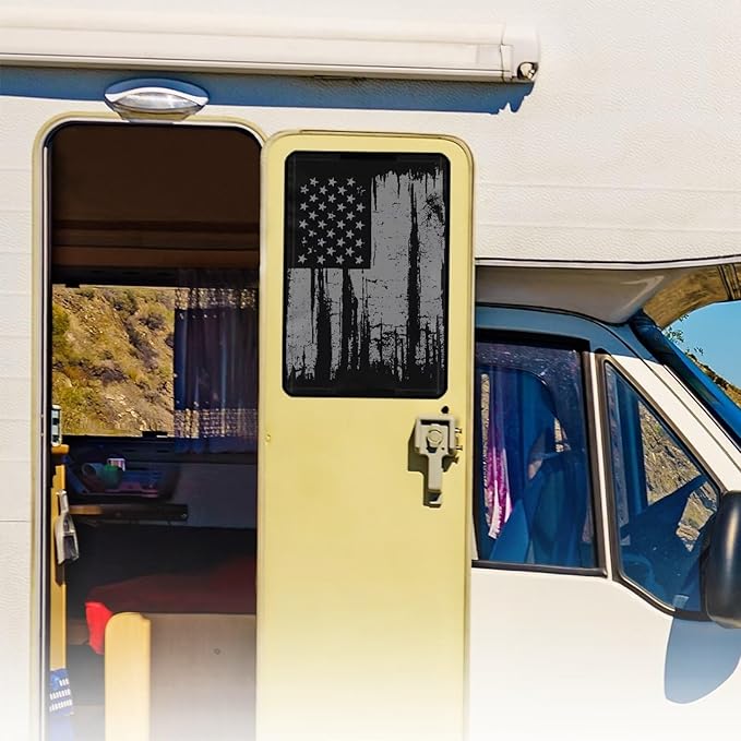RV Door Window Shade, Grey American Flag Reflective Camper Door Window Proctive Cover Privacy Screen Window Cover for RV Trailer Camper Windows UV Protection