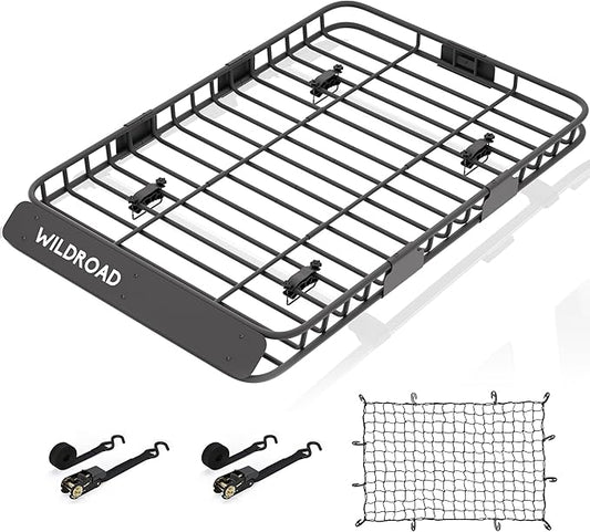 Wildroad Car Roof Cargo Carrier Combo of Upgraded 64"x 39"x 4" Roof Rack Cargo Basket, Super Duty Bungee Cargo Net. Universal Car Top Luggage Holder Carrier Basket Fits for SUV Truck Cars