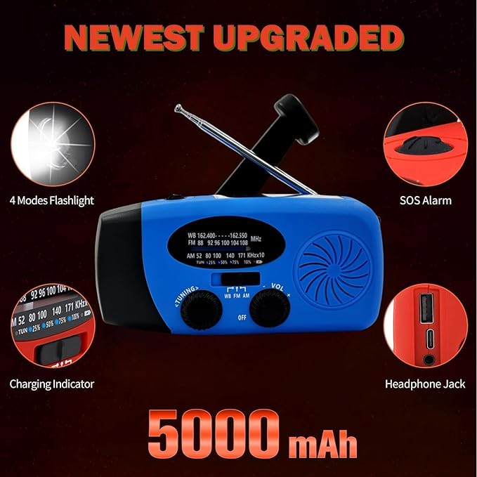 iRonsnow Solar Emergency Hand Crank Weather Radio, Portable Self Powered NOAA AM/FM Radios with SOS Alarm LED Flashlight 5000mAh Smart Phone USB Charger for Camping (Blue)