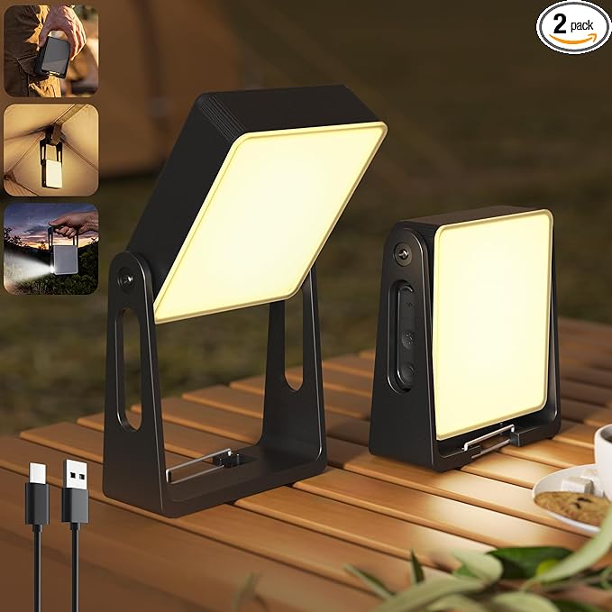 Portable Camping Light, 2 Pack Rechargeable 4000mAh Dimmable LED Camping Lanterns with 360° Rotatable Stand, 2-in-1 Flashlight & Emergency Lights for Home Power Outages,Outdoor Camping Essentials