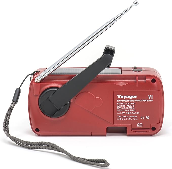 Kaito V1 Voyager Solar/Dynamo AM/FM/SW Emergency Radio with Cell Phone Charger and 3-LED Flashlight, Red