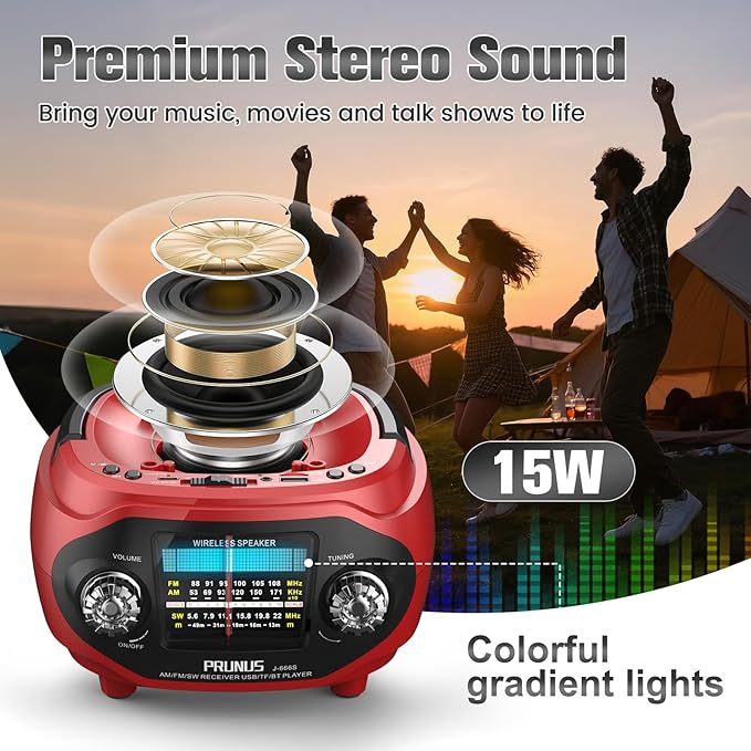 PRUNUS 15W Retro Bluetooth Speaker with Rich Bass Stereo Best Sound, Radio Portable AM FM, Solar/USB Rechargeable,Vintage Speaker Support AUX/USB Drive, Home,Party, Gift (2026 Update)