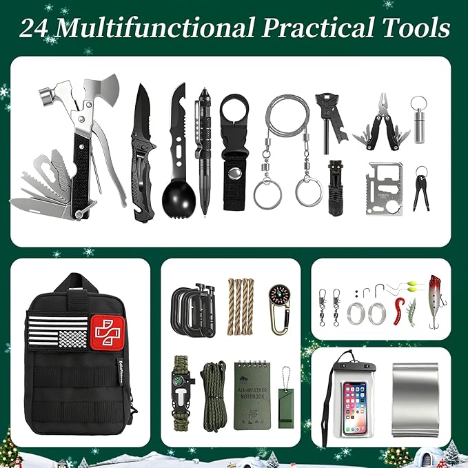 24-Piece Emergency Survival Kit - Complete Outdoor Gear Set with Portable Bag - Fire Starters, Multi-Tools & Emergency Equipment for Car, Home & Camping