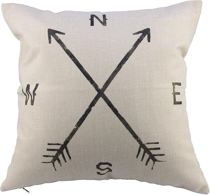 Leaveland Magic Arrow Compass North South West East Cotton Linen Square Throw Pillow Case Decorative Durable Cushion Slipcover Home Decor Standard Size Accent Pillowcase (16X16 Inch)