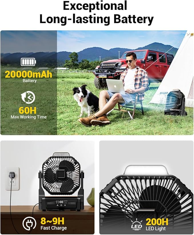 KopBeau Portable Camping Fan with Lights, 20000mAh Rechargeable Battery Operated Fan, Battery Powered Outdoor Beach Tent with 3 Speeds & Hook, Personal USB Table for Camping Accessories Black