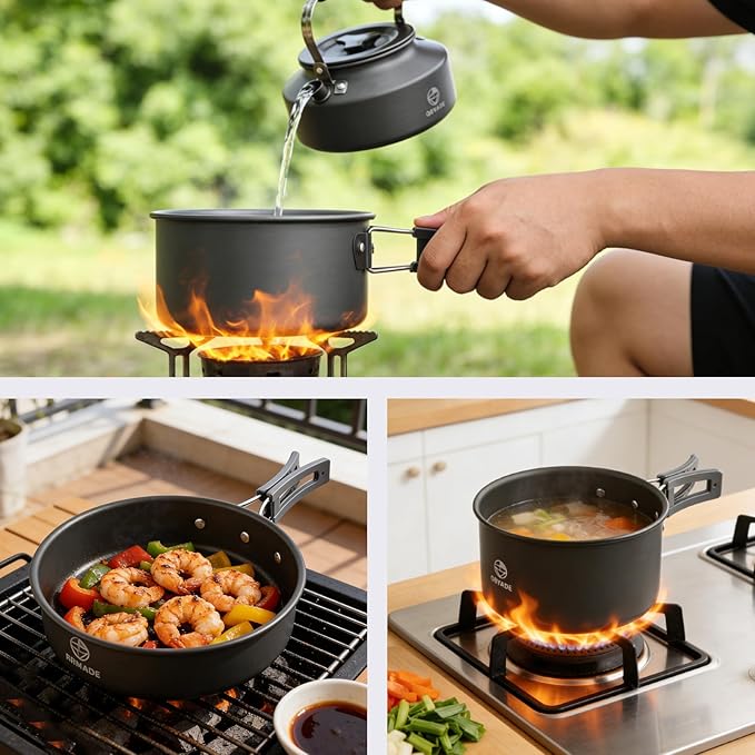 17-Piece Camping Cookware Set, Lightweight Backpacking Pot & Pan Kit with Non-Stick Anodized Aluminum, 0.45Gal Pot, 0.30Gal Kettle, 2 Cups & Cutlery Sets, Compact for Hiking, Camping, Picnic
