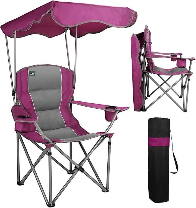 Northroad Folding Camping Chairs with Canopy Shade, Beach Chair w/Cup Holders, Armrests & Carry Bag for Outdoors Travel Sports Fishing, Purple