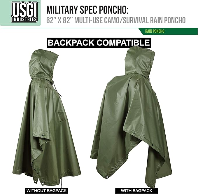 USGI Industries Military Style Poncho Multi Use Rip Stop Camouflage Rain Poncho