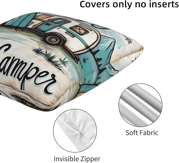 Happy Camping Throw Pillow Covers 18x18 inch Set of 2 Pillow Case Cushion Cover for Home Sofa Couch Living Room Car Decor