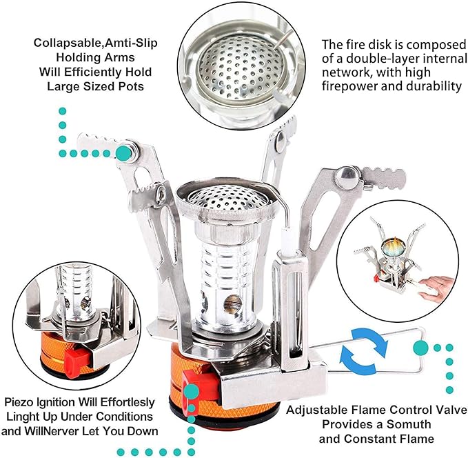 Portable Camping Stove Backpacking Stove, Specialized Hiking Stove Camping Stove with Piezo Ignition Stable Support Wind-Resistance, Camp Stove for Outdoor cooking Camping Hiking Adventure Cooking
