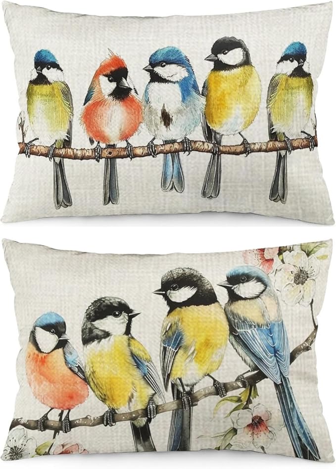ITFRO Set of 2 Birthday Gift Watercolor Birds Standing On A Branch Cotton Linen Lumbar Nature Wild Animals Throw Pillow Cover Cushion Case Sofa Home Decor 12x20 Inches (Blue and Yellow)