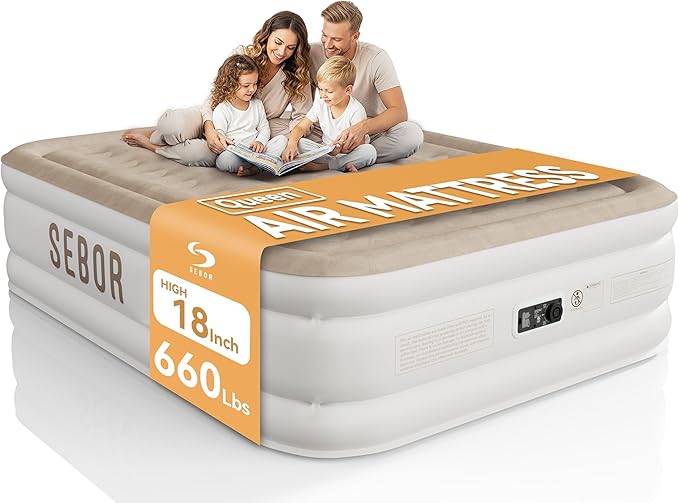 Sebor Air Mattress Queen with Built-in Pump 18", Comfortable Self-Inflating Air Mattress with High-Speed Pump, Durable Blow Up Mattress Queen with Storage Bag for Guests, Camping, Travel