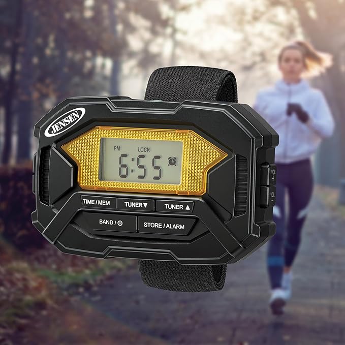 Jensen SAB-60 Armband Digital AM/FM Stereo Radio with Clock and Earbuds, Black, SAB-60
