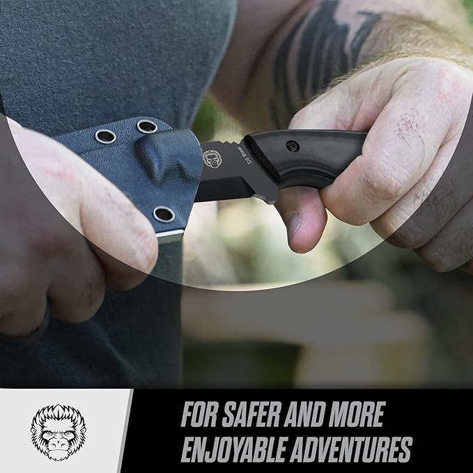 Holtzman's Gorilla Survival Tanto Fixed Blade Neck Knife with Kydex Sheath & Ferro Rod (Black) - Ideal for Outdoor Activities and Everyday Carry