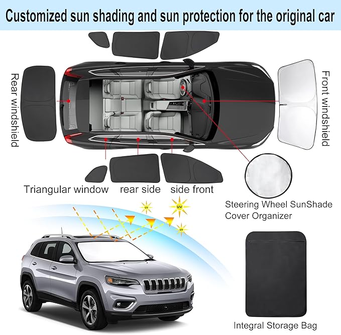 8PCS Windshield Sun Shade Custom Fit for 2014-2024 Jeep Cherokee Trailhawk,Overland, Limited, Latitude, Altitude Accessories Foldable Sunshade Side Rear Window Shade Cover Full Set Keeps Car Cool