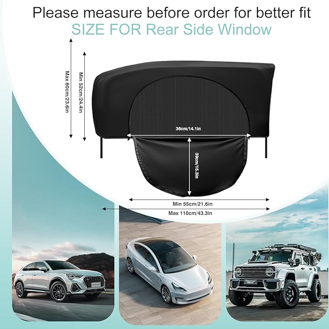 Ovege Window Shades for Back Seat - Side Window Sun Shade Breathable Mesh-Zipper Car Window Cover Screen-Camping Privacy Universal Fits Most Small and Medium Cars 2pcs (Rear Side Medium)