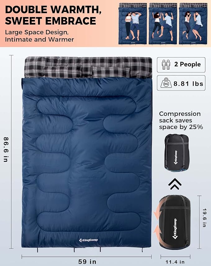 KingCamp Double Sleeping Bag for Adults, Queen Size 2 Person XXL Flannel Sleeping Bag, Waterproof Lightweight Flannel Quilt with 2 Pillows, Perfect for Couples Family Camping Hiking