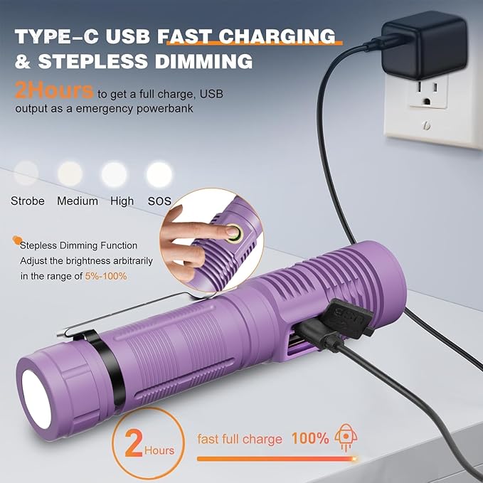 Hoxida Small Tactical Flashlights High Lumens - 1500 Meters Long Beam Super Bright LED Magnetic Flashlight USB Rechargeable Zoomable 5Modes Long Beam Spotlight Flashlight for Hiking, Camping-Purple