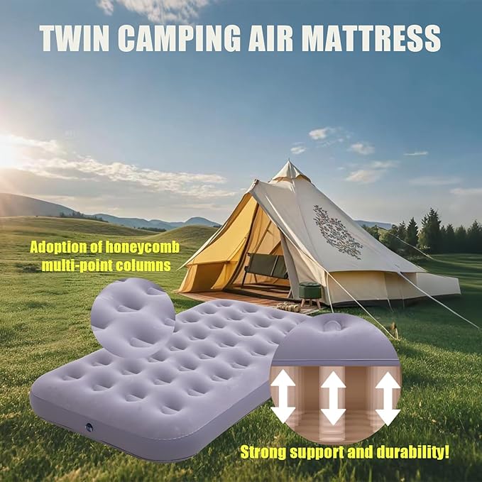 Onirii Twin Size Single Camping Air Mattress Bed with Air Pump,75"x 39"Thickened Portable Inflatable Mattress Blow Up Air Mattress,Travel Sleeping Bed Pad for Camping Home Hiking(Gray)