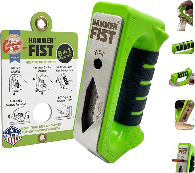 Hammer Fist 8-in-1 Multitool - Heavy Duty Stainless Steel Palm Hammer & Nail Puller, Non-Marring Mallet, Hex Driver, Ruler, Square & Bottle Opener - Compact EDC Survival Gear & DIY Hand Tool (Green)