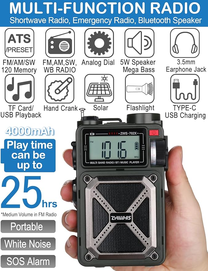 ZHIWHIS Shortwave Radio with Bluetooth, AM/FM/SW/NOAA Weather Emergency Radios, Hand Crank/Solar/4000mAh/SOS/White Noise/Bass/Flashlight/Retro Receiver with Preset, Support USB/TF ZWS-702X