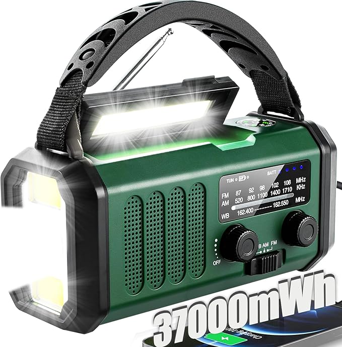 QAUYYW Hand Crank Emergency Radio,37000mWhSolar Powered Hand Crank Portable NOAA AM FM Weather Radio with 3Mode Flashlight and Reading Light,Cell Phone Charger,Home and Emergency Distress Signa