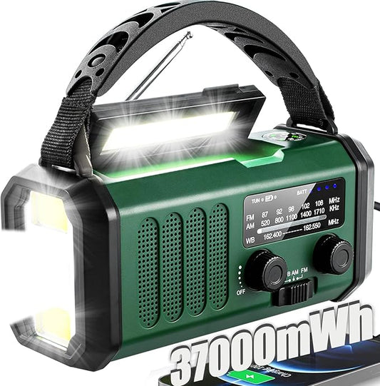 QAUYYW Hand Crank Emergency Radio,37000mWhSolar Powered Hand Crank Portable NOAA AM FM Weather Radio with 3Mode Flashlight and Reading Light,Cell Phone Charger,Home and Emergency Distress Signa