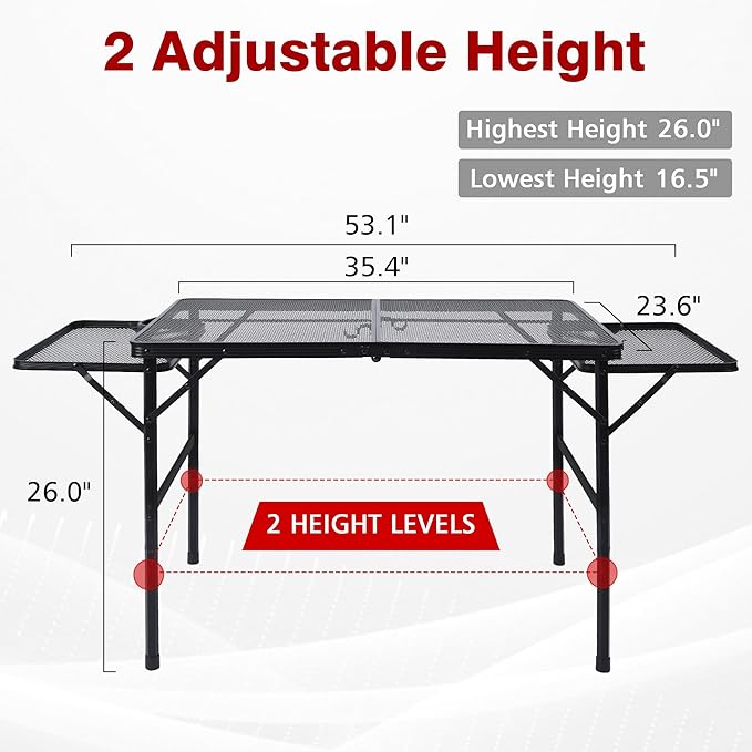 JOUYEK Folding Grill Table, 3x2 FT Portable Camping Table with 2 Wing Panels, Height Adjustable Metal Tables with Mesh Desktop and Mesh Bag, Outdoor Furniture for Camping, Picnic, Beach and BBQ, Black