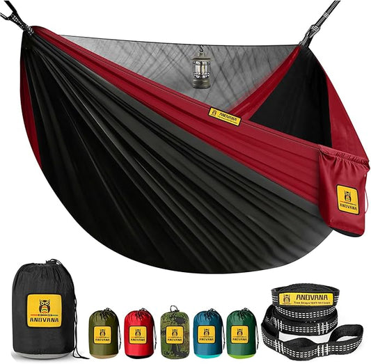 Camping Hammock with Mosquito Net, 600 lbs Portable Hammock with Tree Straps, 2-in-1 Double/Single Travel Hammock Tent for Outside/Indoor/Backpacking/Beach - Black & Red