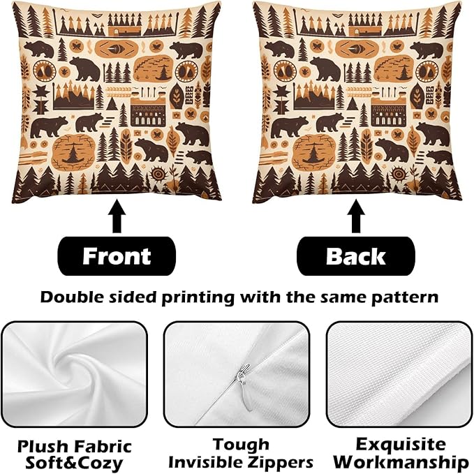 ITFRO Set of 2 Birthday Gift Nature Wildlife Bear Deer Forest Bonfire Pine Tree Short Plush Both Sides Square Retro Checkered Throw Pillow Cover Cushion Case Farmhouse Sofa Decor 18x18 Inches (Khaki)