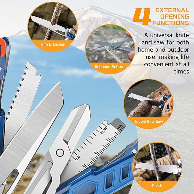 19 in 1 Multitool Pliers with Scissors, Stainless Steel Multi Tool with File,Saw, Screwdrivers,Wire Cutters, Bottle Opener for Survival, Camping, Hiking,Repair and Gift (Blue)