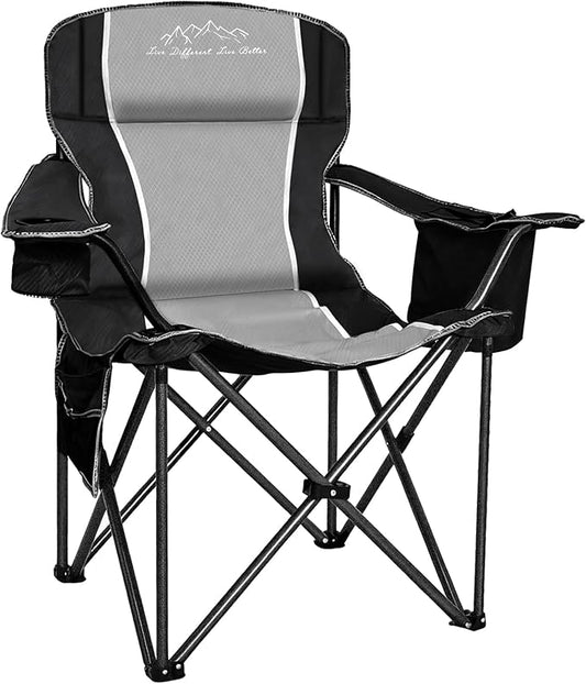 Folding Camping Chair Portable Outdoor Heavy Duty Padded Chairs Lawn Chair with Cup Holder, Storage Pocket and Cooler Bag, Supports 480LBS Black