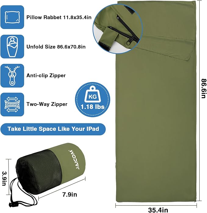 JAICOM Sleeping Bag Liner, Travel Sheets & Adult Sleep Sack, Ultralight and Portable Summer Sleeping Bag - Ideal for Backpacking, Hotels and Hostels, Business Trips, Camping