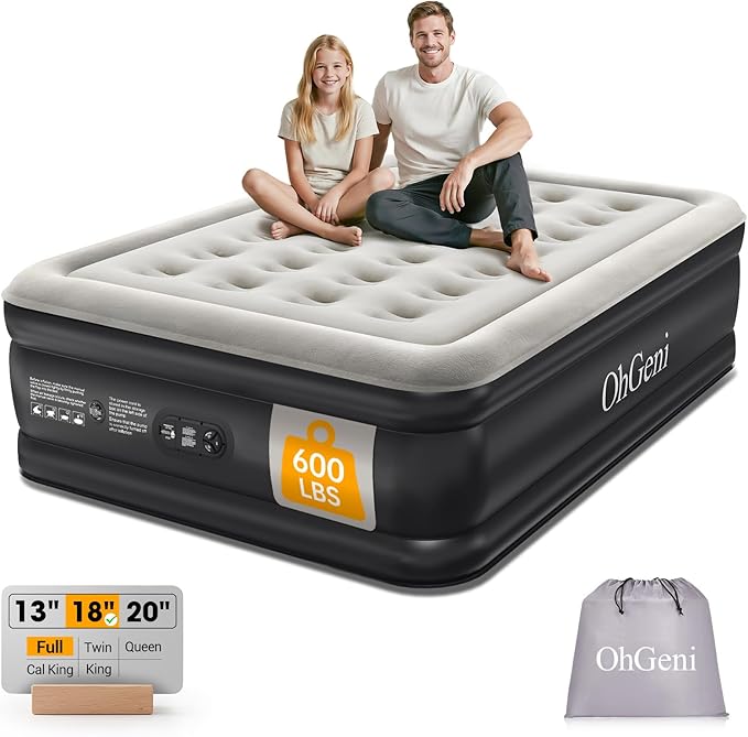 OhGeni Air Mattress Full with Built in Pump, 18" Raised Inflatable Blow up Mattress, Family Choice Award Winner, Portable Foldable Bed with Upgraded Surface for Home & Camping, 600 lbs