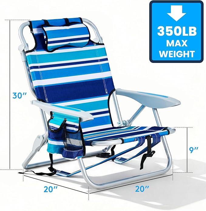 Portable Beach Chair for Adults, Outdoor Camping Chair Lay Flat Folding Backpack Beach Reclining Chair with 5 Positions, Headrest, Cup Holder, Heavy Blue Striped